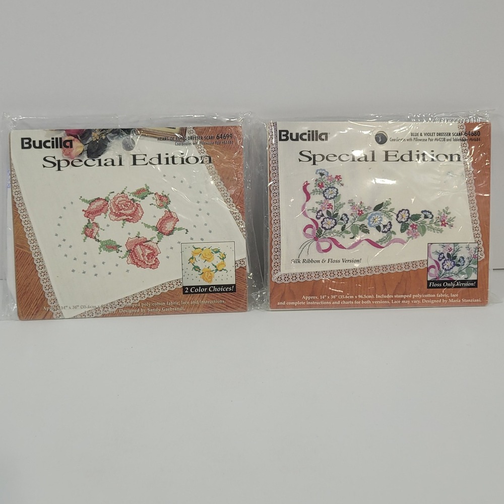 Lot of 2 Vintage Bucilla Stamped Dresser Scarfs Heart of Roses and Blue & Violet